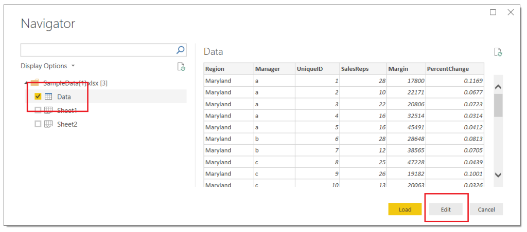 Load Data from Excel