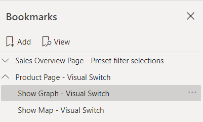 Image showing renamed Power BI bookmarks. The names read Sales Overview - Preset filter selections, Product - Visual Switch, Show Graph - Visual Switch, Show Map - Visual Switch