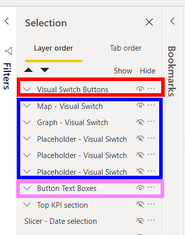 Example of Power BI Bookmark groups